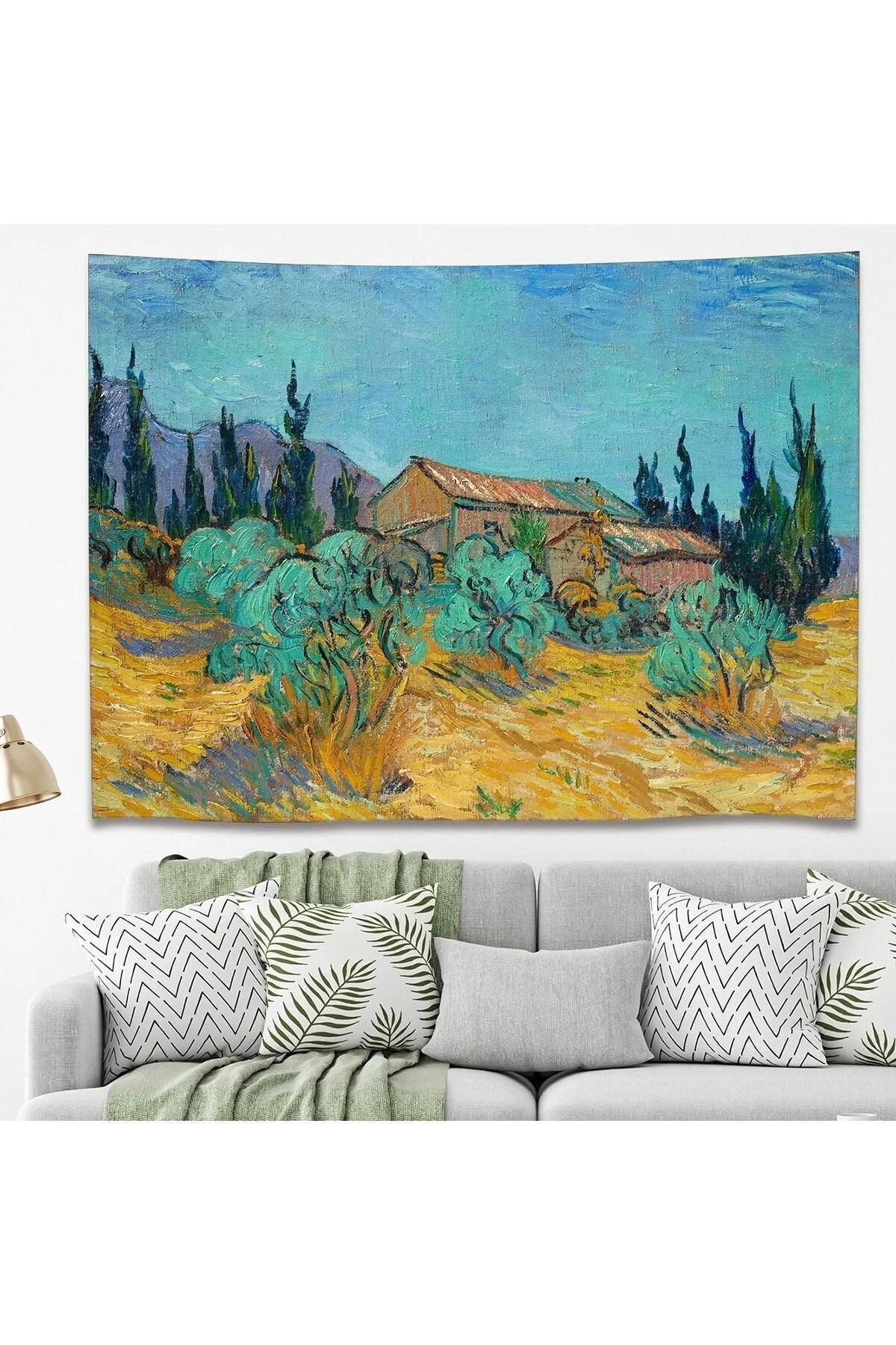Vincent van Gogh "Wooden Cabins among Olive Trees" Fine Art Wall Tapestry - Post-Impressionist Landscape Canvas Bedroom Aesthetic Hanging Fabric Poster