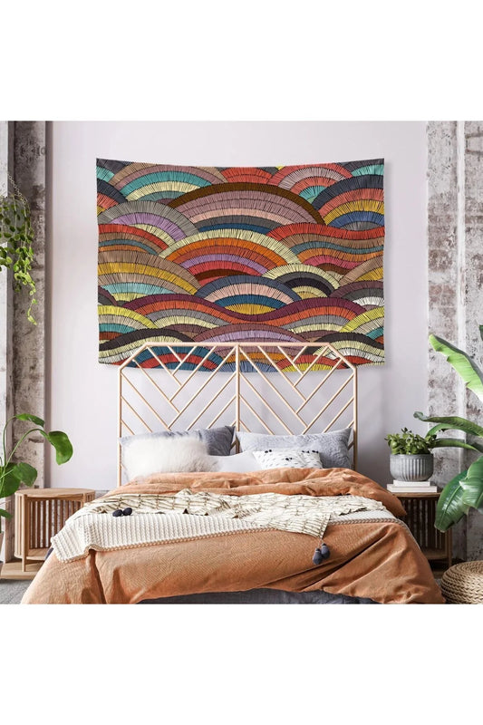 Abstract Boho Rainbow Wave Wall Tapestry - Colorful Layered Arch Geometric Fabric Poster Mid-Century Modern Bedroom Living Room Wall Hanging