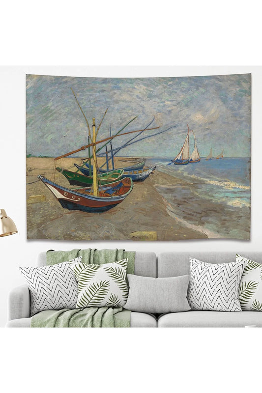 Vincent van Gogh "Fishing Boats on the Beach" Fine Art Wall Tapestry - Post-Impressionist Nautical Landscape Bedroom Aesthetic Hanging Fabric Poster