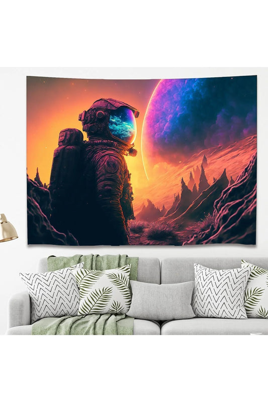 Futuristic Astronaut Cosmic Space Wall Tapestry - Sci-Fi Alien Planet Landscape Fabric Poster Synthwave Aesthetic Gaming Room Bedroom Hanging