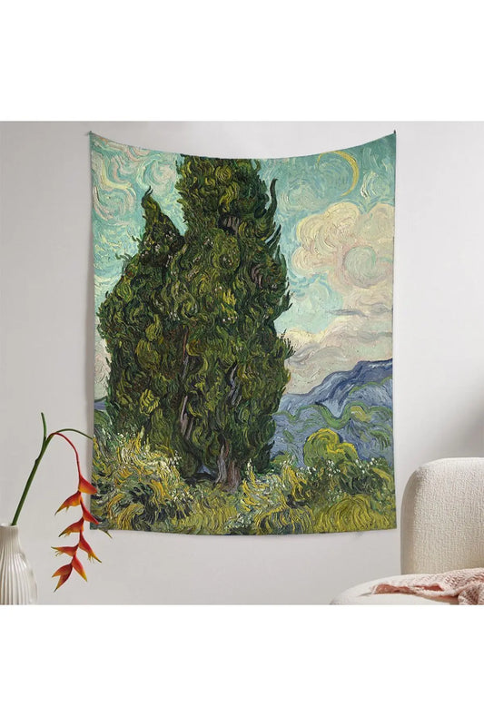 Vincent van Gogh "Cypresses" Fine Art Wall Tapestry - Post-Impressionist Landscape Canvas Swirling Sky Bedroom Aesthetic Hanging Fabric Poster