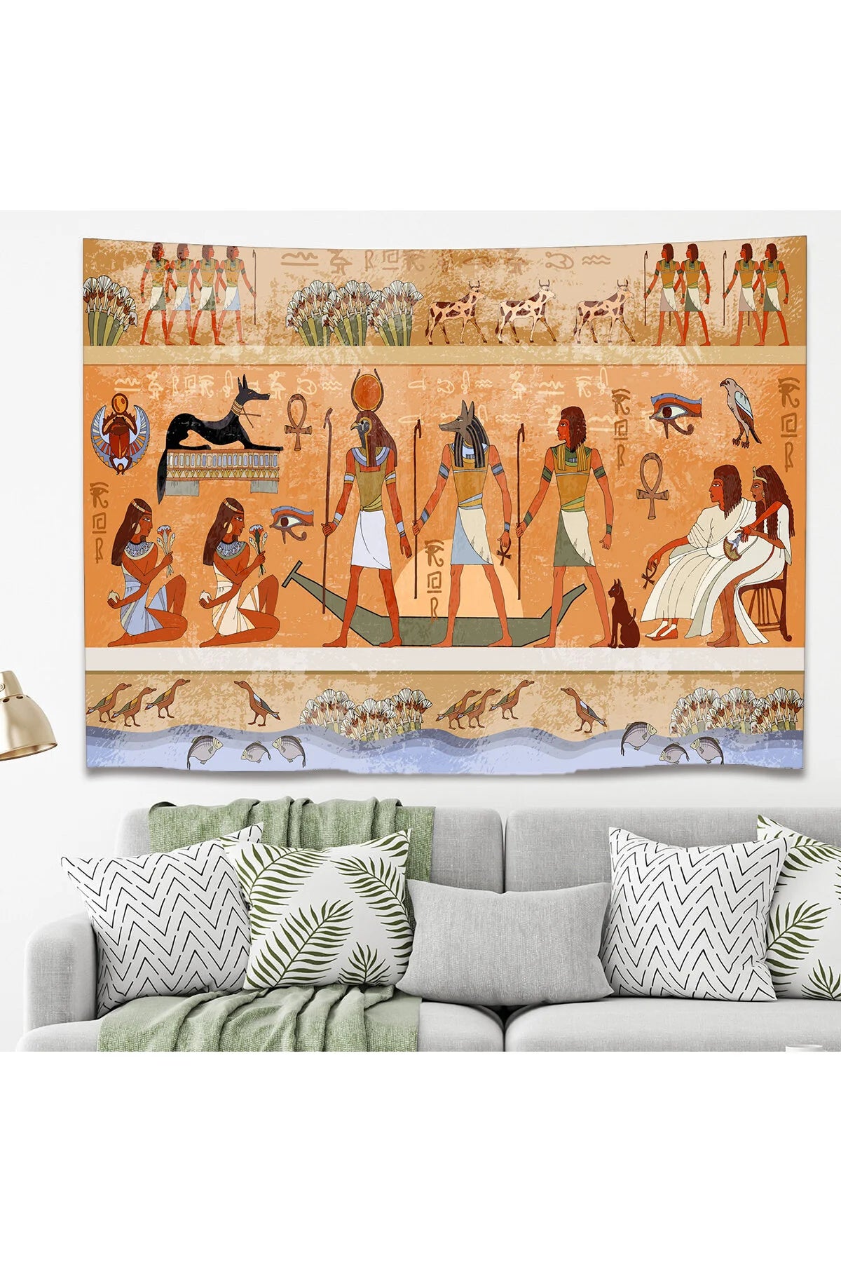 Ancient Egyptian Mythology Wall Tapestry - Hieroglyphic Papyrus Art Fabric Poster Pharaoh Anubis Ra Goddess Isis Aesthetic Living Room Hanging