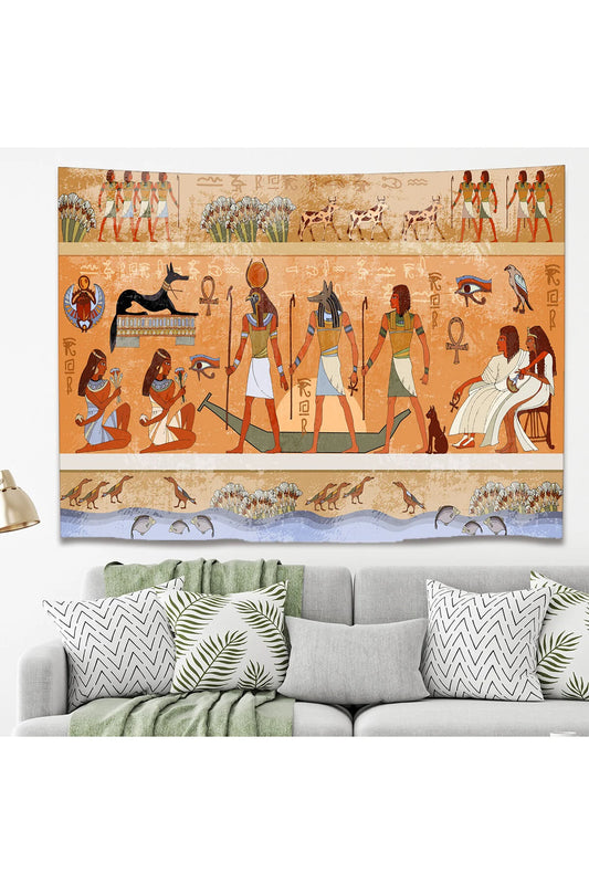 Ancient Egyptian Mythology Wall Tapestry - Hieroglyphic Papyrus Art Fabric Poster Pharaoh Anubis Ra Goddess Isis Aesthetic Living Room Hanging
