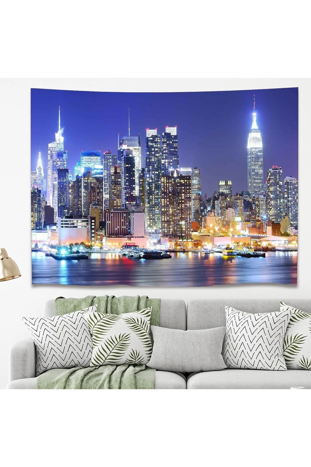 New York City Night Skyline Wall Tapestry - Glowing Manhattan Skyscrapers Fabric Poster Empire State Neon Blue Architecture Living Room Hanging