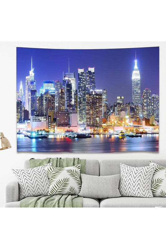 New York City Night Skyline Wall Tapestry - Glowing Manhattan Skyscrapers Fabric Poster Empire State Neon Blue Architecture Living Room Hanging