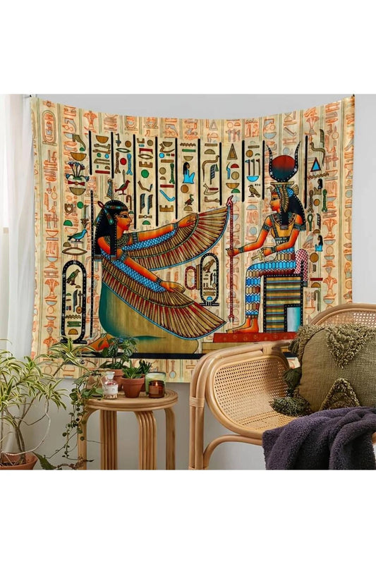 Ancient Egyptian Winged Goddess Isis Wall Tapestry - Hieroglyphic Papyrus Art Fabric Poster Sacred Mythology Bedroom Living Room Wall Hanging