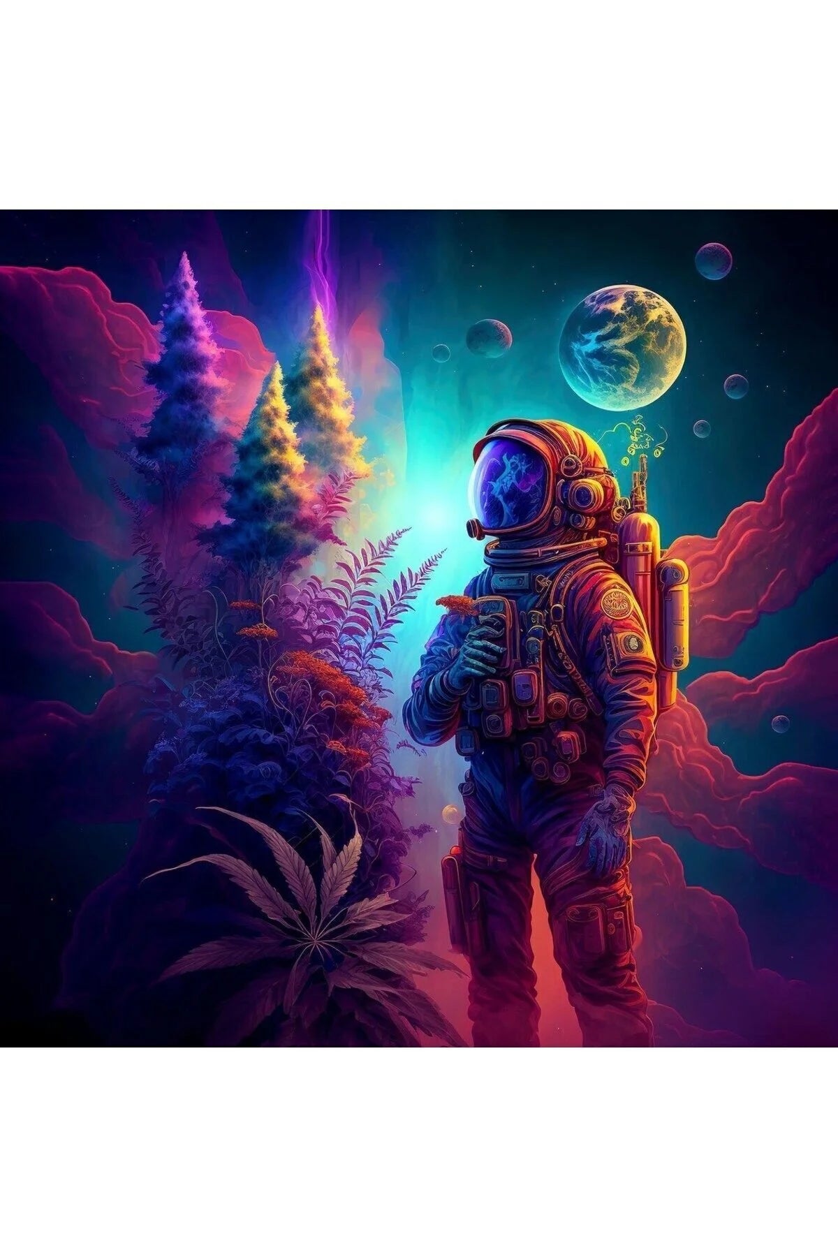 Psychedelic Neon Astronaut Space Wall Tapestry - Trippy Alien Planet Forest Fabric Poster Cosmic Galaxy Gaming Room Bedroom Hanging