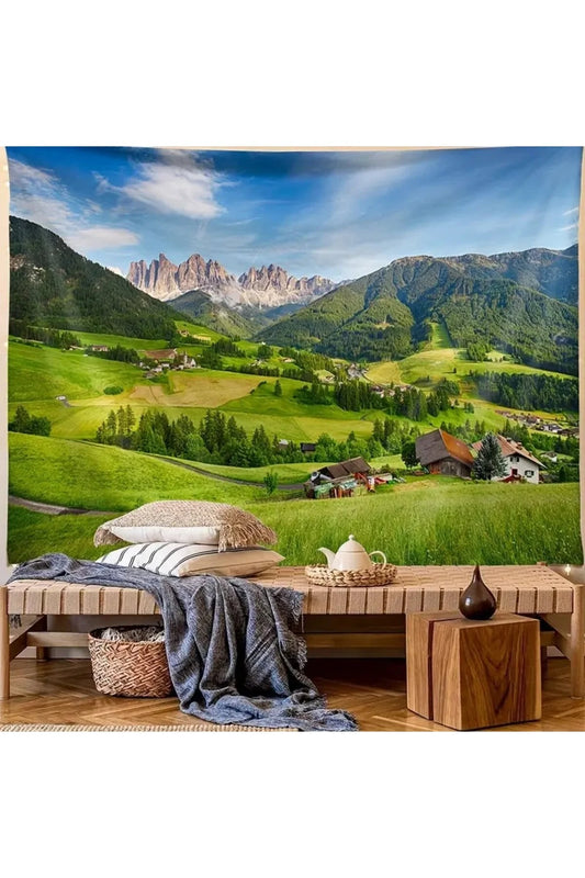 Alpine Mountain Valley Landscape Wall Tapestry - Green Meadow Village Fabric Poster Rustic Nature Forest Scenery Living Room Bedroom Hanging