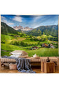 Alpine Mountain Valley Landscape Wall Tapestry - Green Meadow Village Fabric Poster Rustic Nature Forest Scenery Living Room Bedroom Hanging