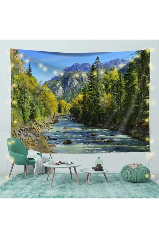Forest River Mountain Landscape Wall Tapestry - Nature Stream Pine Trees Fabric Poster Cozy Woodland Scenery Living Room Bedroom Hanging
