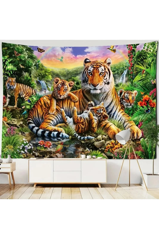 Tiger Family Jungle Wilderness Wall Tapestry - Vibrant Tropical Rainforest Wildlife Fabric Poster Cute Tiger Cubs Kids Room Living Room Wall Hanging