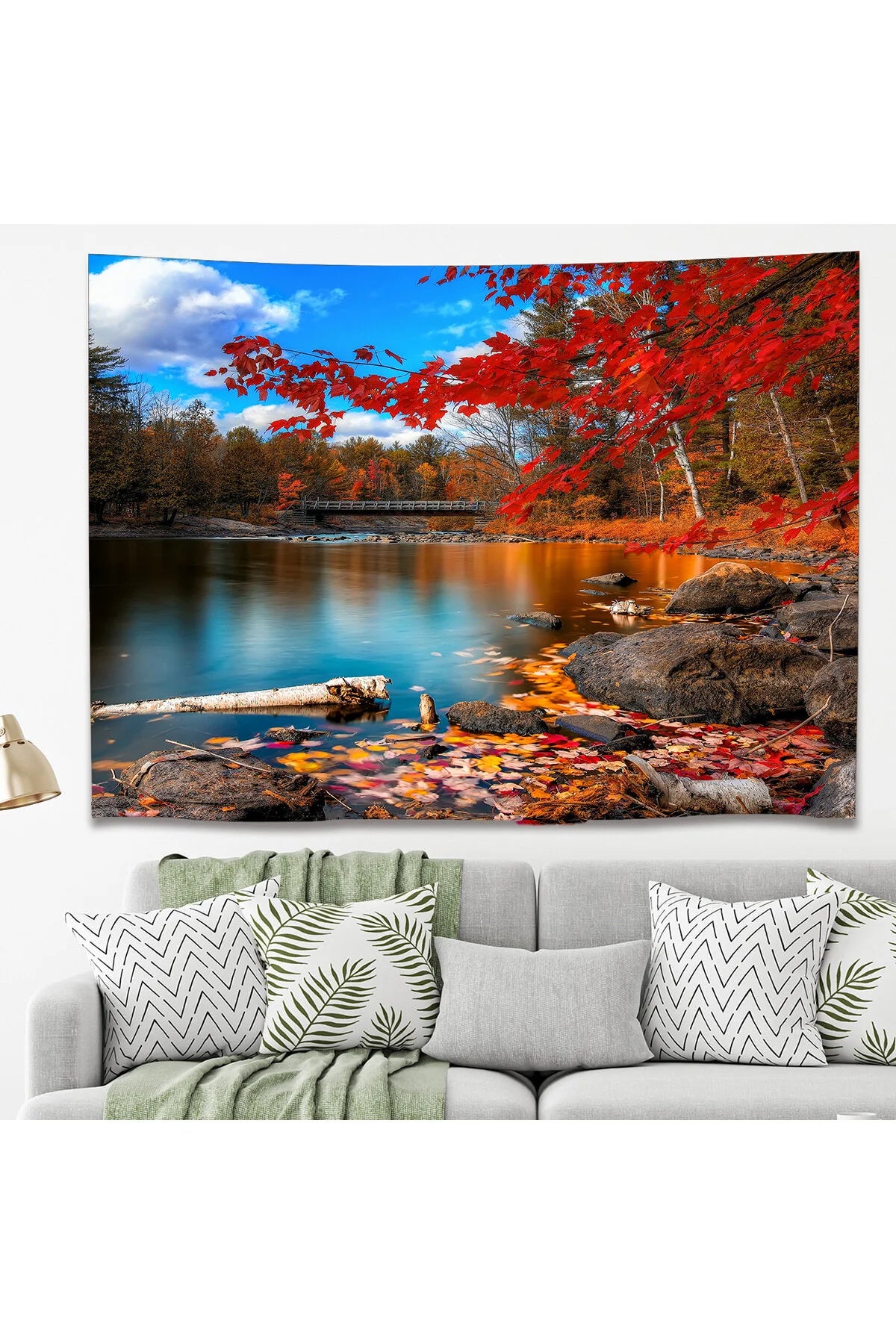 Autumn Lake Mountain Forest Wall Tapestry - Red Maple Leaves Nature Landscape Fabric Poster Cozy Woodland Scenery Living Room Bedroom Hanging