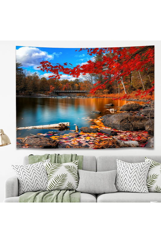 Autumn Lake Mountain Forest Wall Tapestry - Red Maple Leaves Nature Landscape Fabric Poster Cozy Woodland Scenery Living Room Bedroom Hanging