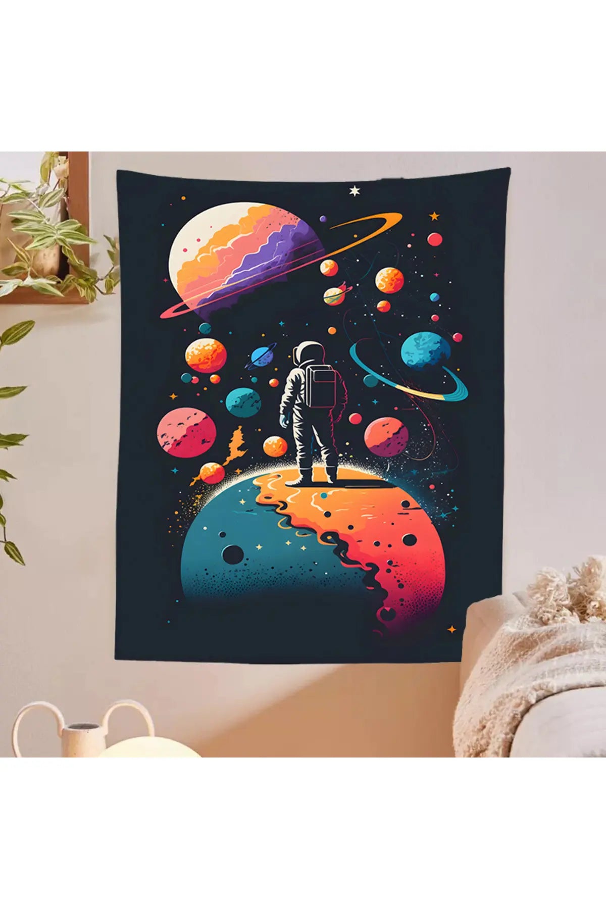 Retro Pop Astronaut Cosmic Space Wall Tapestry - Colorful Planets and Stars Fabric Poster Cartoon Galaxy Child Boy Bedroom Gaming Room Hanging