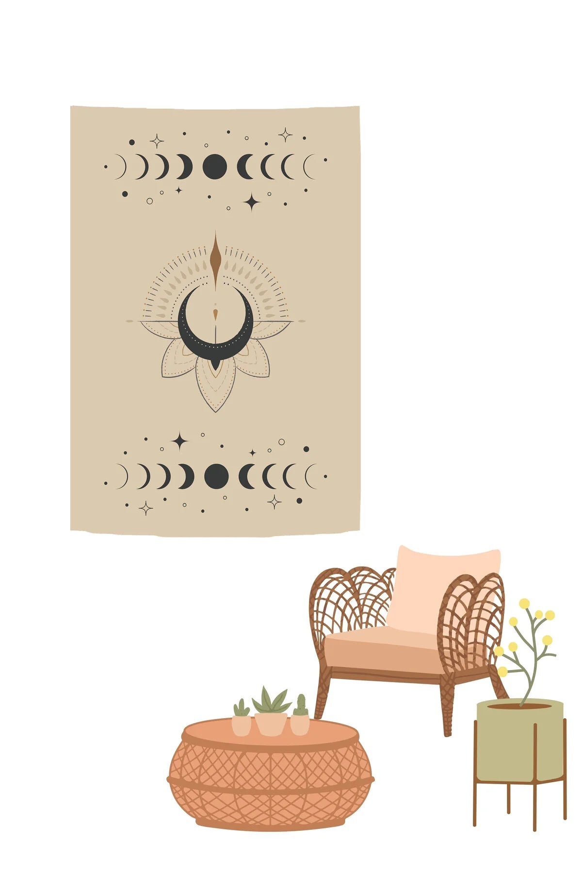 Bohemian Ecru Moon Phases Wall Tapestry - Celestial Crescent Moon & Sacred Lotus Fabric Poster Mystical Astrology Yoga Meditation Room Hanging