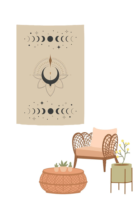Bohemian Ecru Moon Phases Wall Tapestry - Celestial Crescent Moon & Sacred Lotus Fabric Poster Mystical Astrology Yoga Meditation Room Hanging
