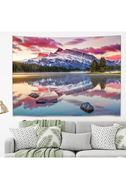 Sunset Snowy Mountain Lake Landscape Wall Tapestry - Pink Clouds Horizon Reflection Fabric Poster Cozy Nature Forest Scenery Living Room Hanging