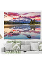Sunset Snowy Mountain Lake Landscape Wall Tapestry - Pink Clouds Horizon Reflection Fabric Poster Cozy Nature Forest Scenery Living Room Hanging
