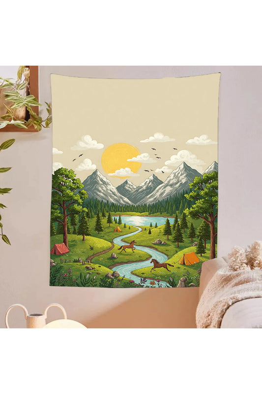 Retro Nature Camping Illustrated Wall Tapestry - Mountain Valley River & Wild Horses Fabric Poster Cute Forest Adventure Kids Bedroom Living Room Hanging