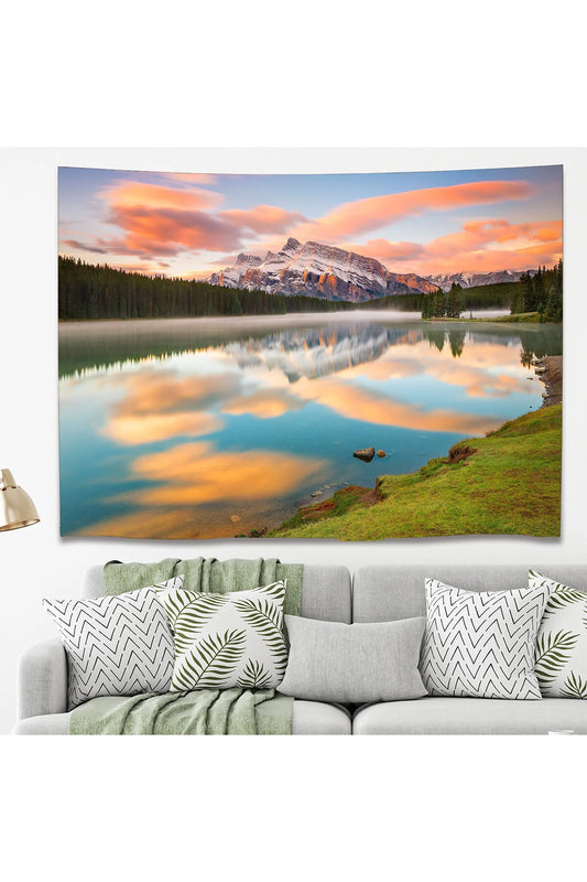 Golden Hour Mountain Lake Landscape Wall Tapestry - Sunrise Orange Clouds Reflection Fabric Poster Cozy Nature Forest Scenery Living Room Hanging