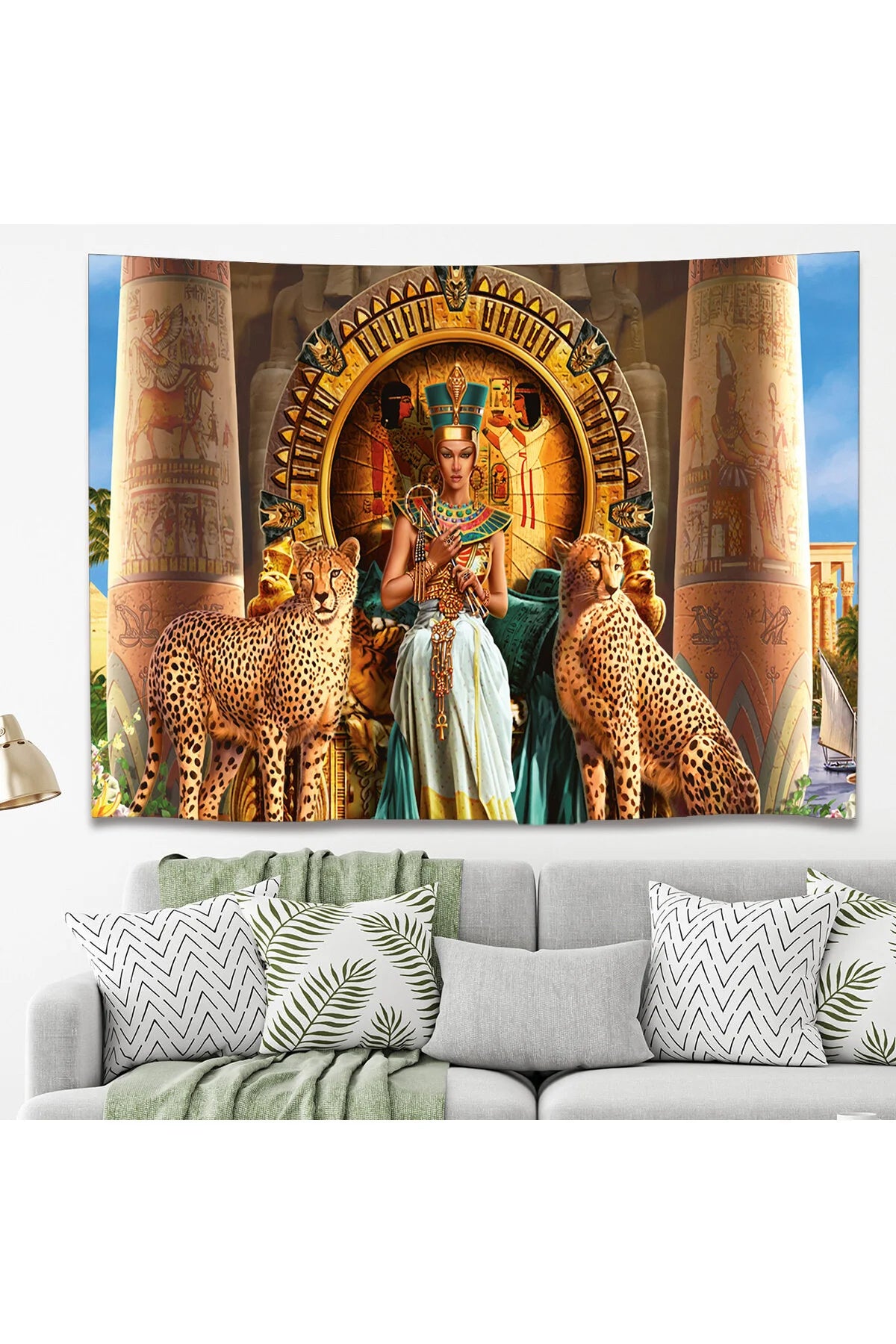 Ancient Egyptian Queen Cleopatra Wall Tapestry - Golden Throne & Cheetahs Fabric Poster Mythological Pharaoh Palace Art Living Room Wall Hanging