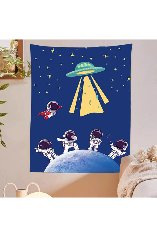 Cute Cartoon Astronauts and UFO Space Wall Tapestry - Flying Saucer Alien Beam Fabric Poster Whimsical Galaxy Child Boy Bedroom Nursery Wall Hanging