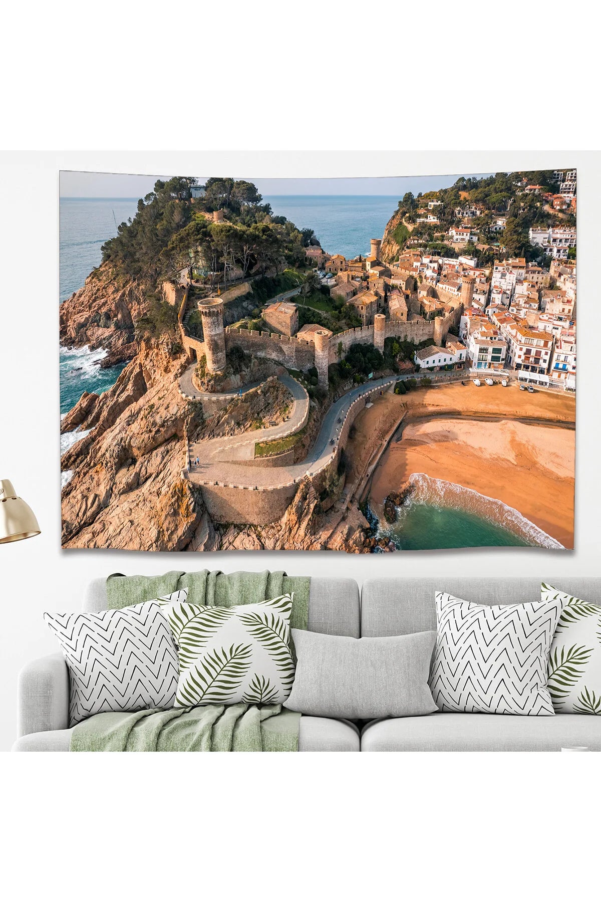 Mediterranean Coastal Fortress Beach Wall Tapestry - Historic Seaside Castle Town Fabric Poster Scenic Ocean Landscape Living Room Wall Hanging