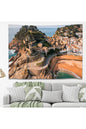 Mediterranean Coastal Fortress Beach Wall Tapestry - Historic Seaside Castle Town Fabric Poster Scenic Ocean Landscape Living Room Wall Hanging
