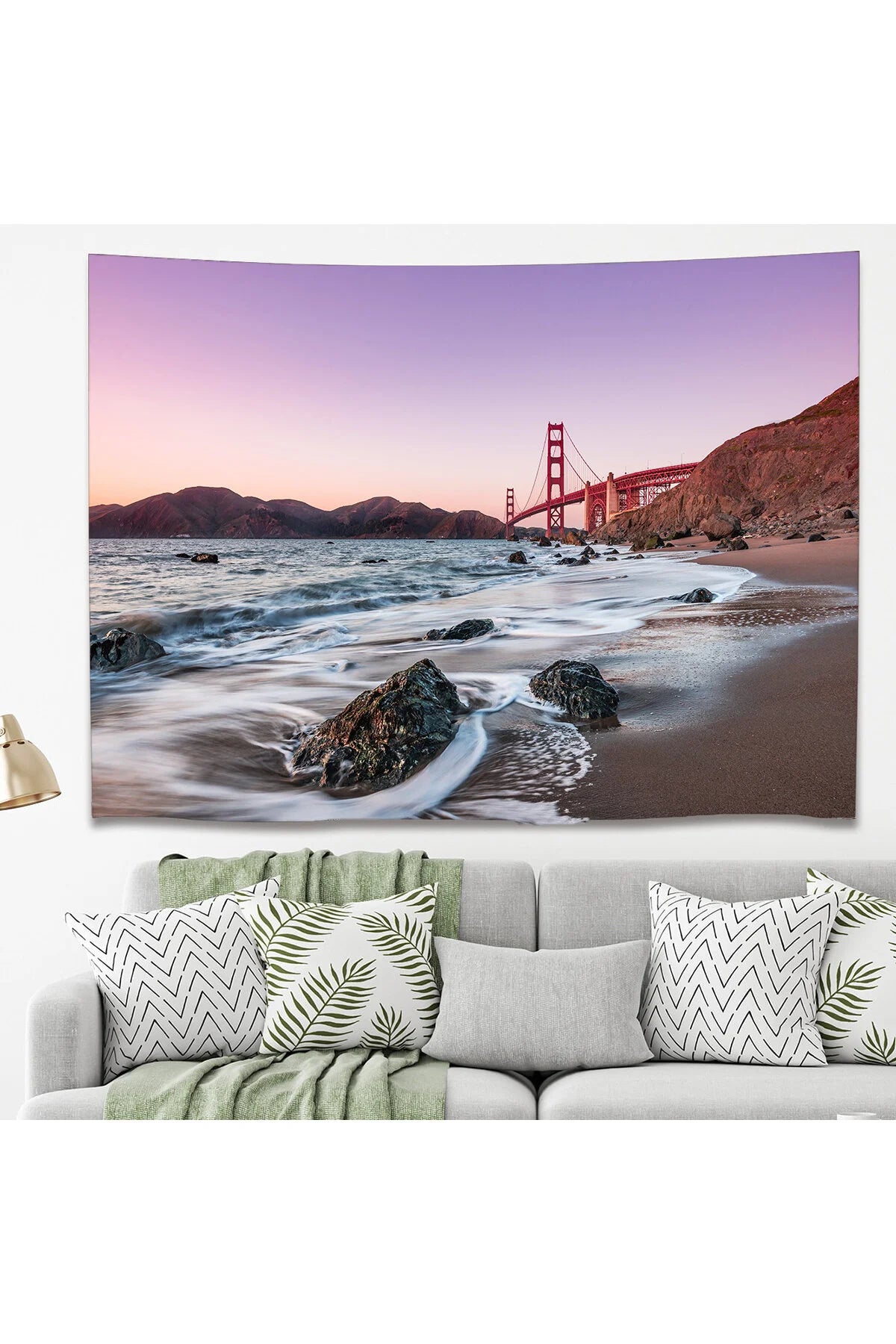 San Francisco Golden Gate Bridge Beach Wall Tapestry - Sunset Ocean Waves Shore Fabric Poster Scenic California Landscape Living Room Wall Hanging