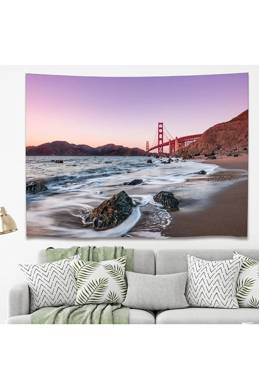 San Francisco Golden Gate Bridge Beach Wall Tapestry - Sunset Ocean Waves Shore Fabric Poster Scenic California Landscape Living Room Wall Hanging
