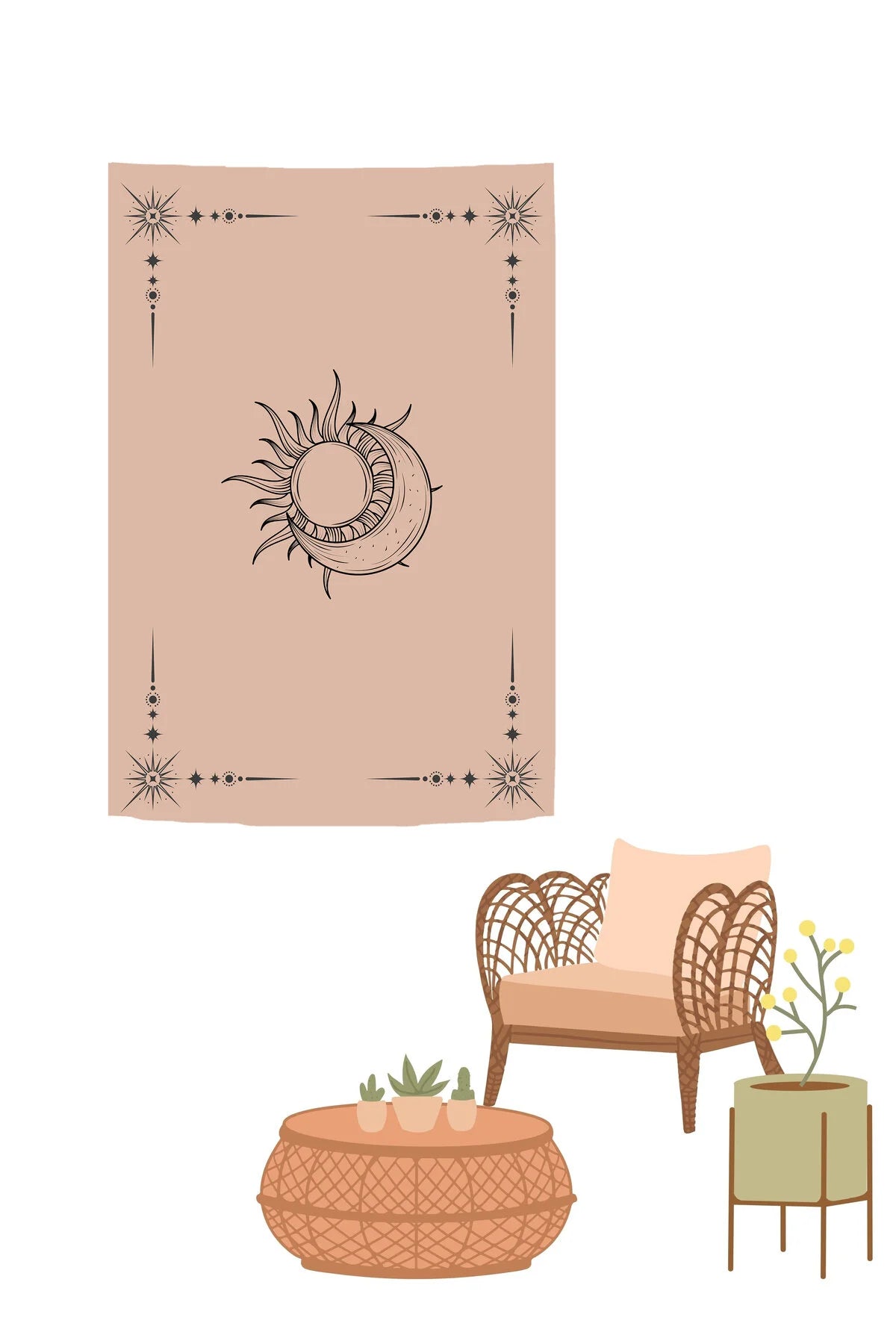 Bohemian Terracotta Sun and Moon Wall Tapestry - Celestial Crescent Moon & Radiant Sun Line Art Fabric Poster Mystical Astrology Yoga Room Hanging