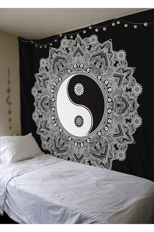 Yin Yang Mandala Flower Wall Tapestry - Zen Yoga Wall Art & Aesthetic Bohemian Hanging for Meditation & Bedroom Decor