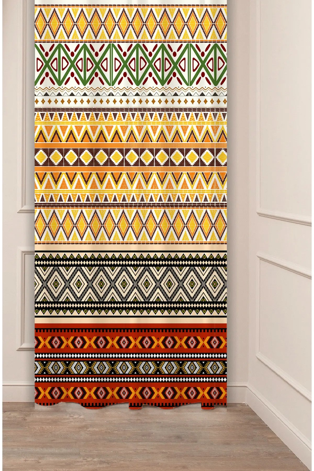 Colorful Anatolian Aztec Geometric Drapery Curtain - Traditional Kilim Patchwork Motif Panel Textured Fabric Beige Boho Living Room Window Treatment