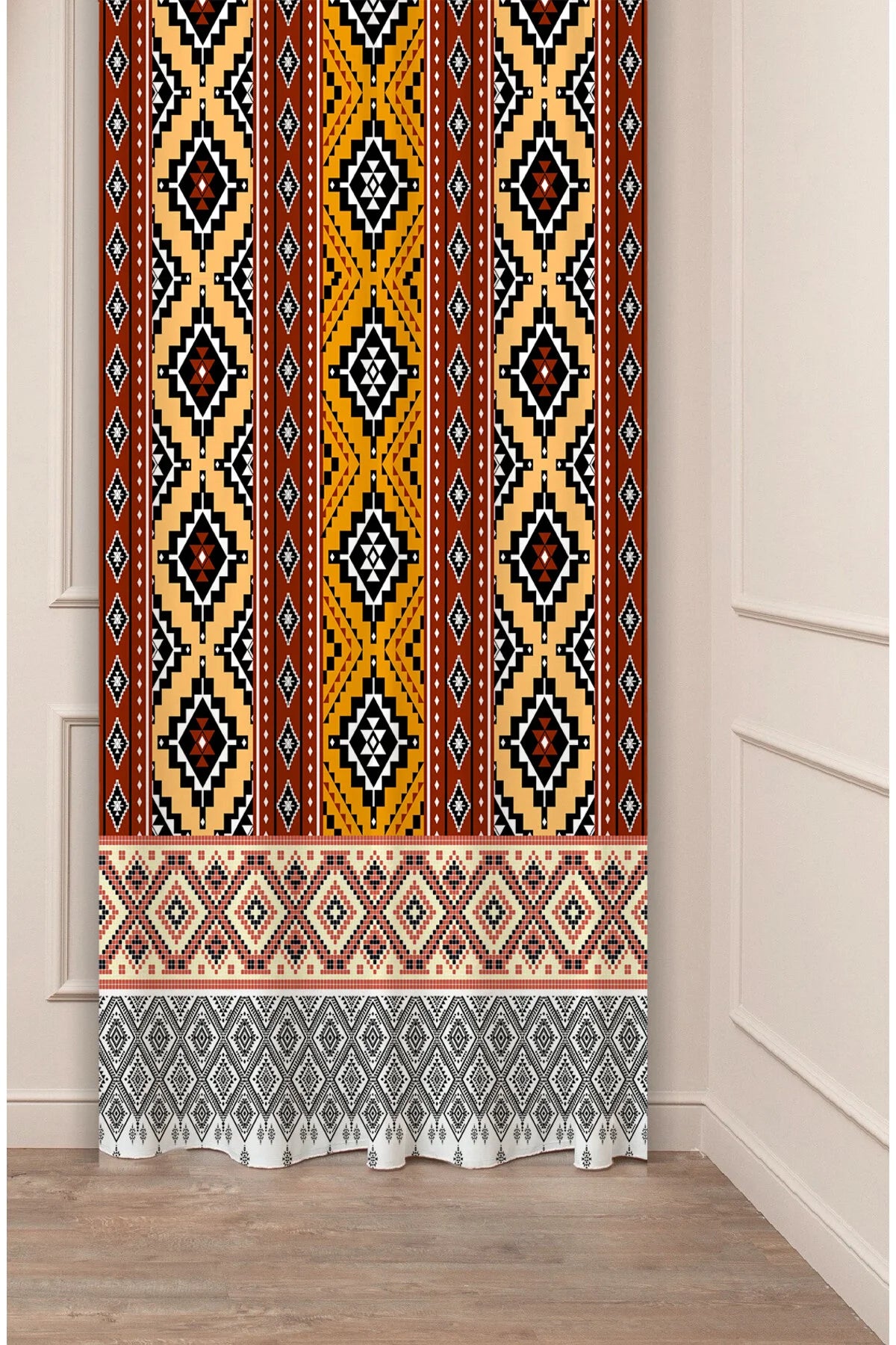Anatolian Ethnic Geometric Border Drapery Curtain - Traditional Kilim Diamond Pattern Panel Textured Fabric Multi-Color Boho Living Room Window Treatment