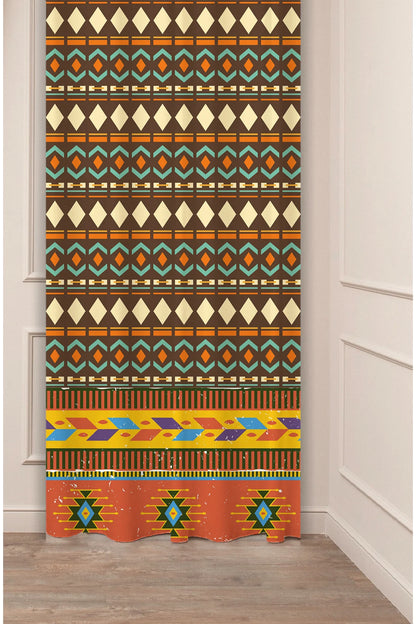 Anatolian Aztec Geometric Border Drapery Curtain - Traditional Turkish Kilim Pattern Panel Textured Fabric Rust Bordo Boho Living Room Window Treatment