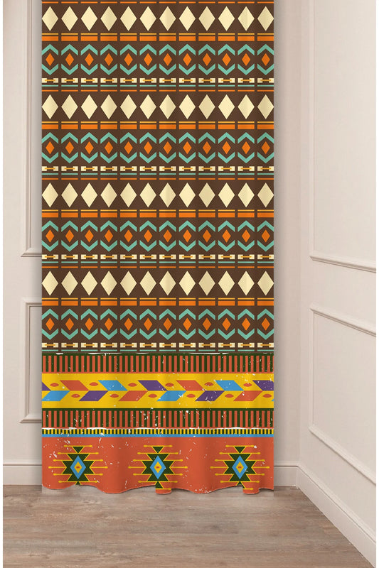 Anatolian Aztec Geometric Border Drapery Curtain - Traditional Turkish Kilim Pattern Panel Textured Fabric Rust Bordo Boho Living Room Window Treatment