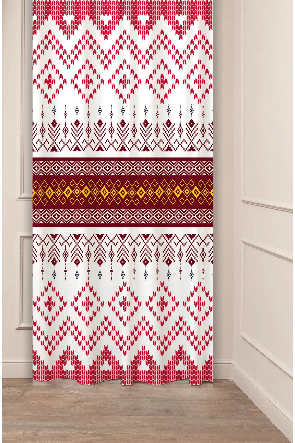 Red and White Anatolian Geometric Pattern Drapery Curtain - Traditional Turkish Kilim Chevron Panel Textured Fabric Golden Maroon Boho Window Treatment