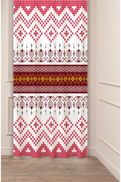 Red and White Anatolian Geometric Pattern Drapery Curtain - Traditional Turkish Kilim Chevron Panel Textured Fabric Golden Maroon Boho Window Treatment
