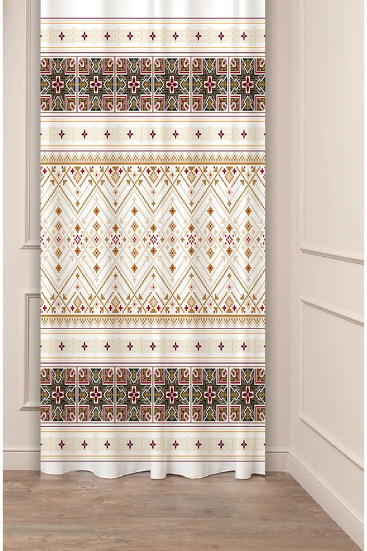 Red and White Anatolian Geometric Pattern Drapery Curtain - Traditional Turkish Kilim Chevron Panel Textured Fabric Golden Maroon Boho Window Treatment (Kopya)
