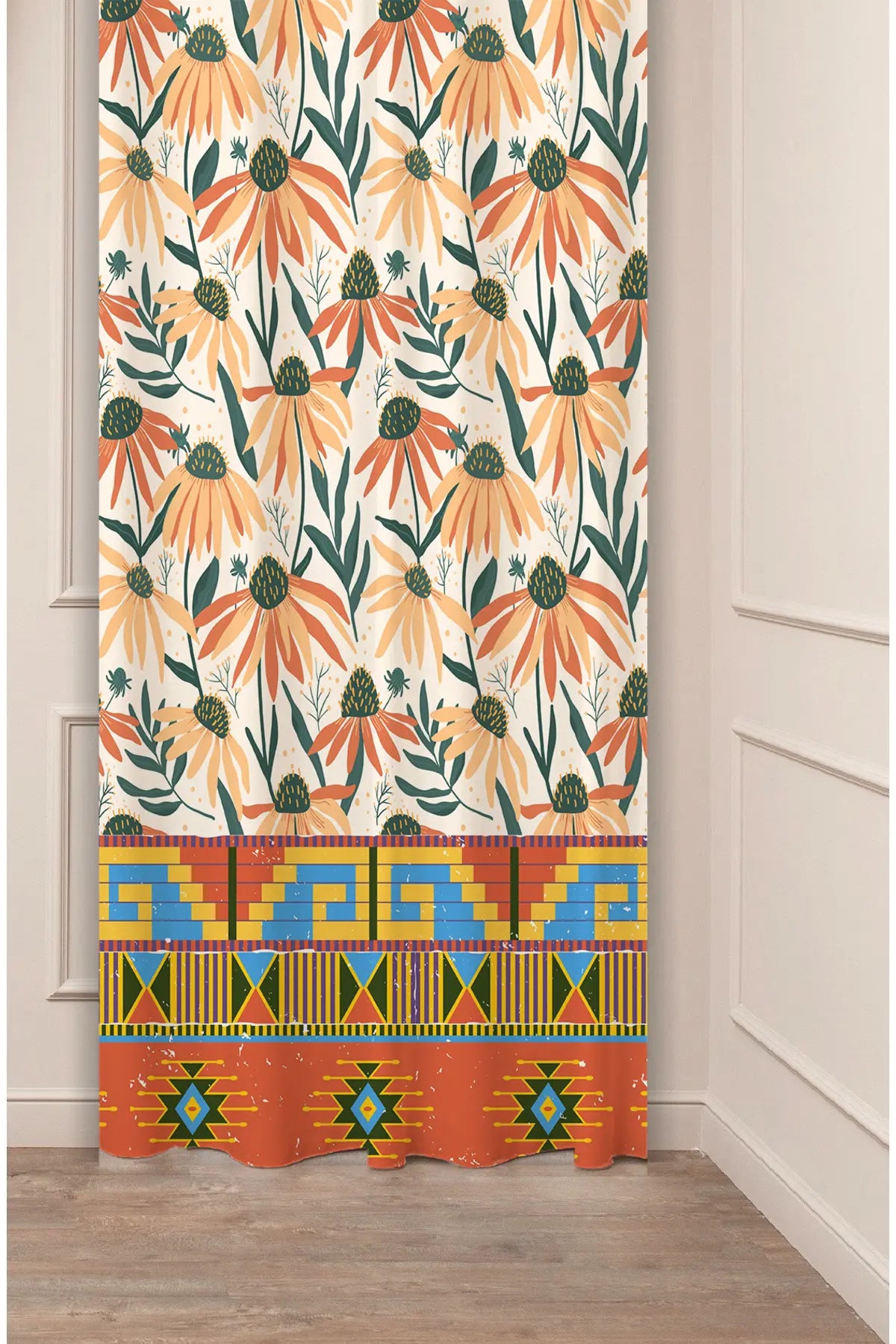 Autumn Floral Echinacea Pattern Drapery Curtain - Traditional Aztec Geometric Border Panel Textured Fabric Green Yellow Boho Living Room Window Treatment