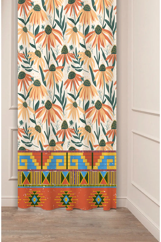 Autumn Floral Echinacea Pattern Drapery Curtain - Traditional Aztec Geometric Border Panel Textured Fabric Green Yellow Boho Living Room Window Treatment