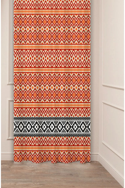 Anatolian Orange Geometric Pattern Drapery Curtain - Traditional Kilim Diamond Panel Textured Fabric Black and White Border Boho Living Room Window Treatment