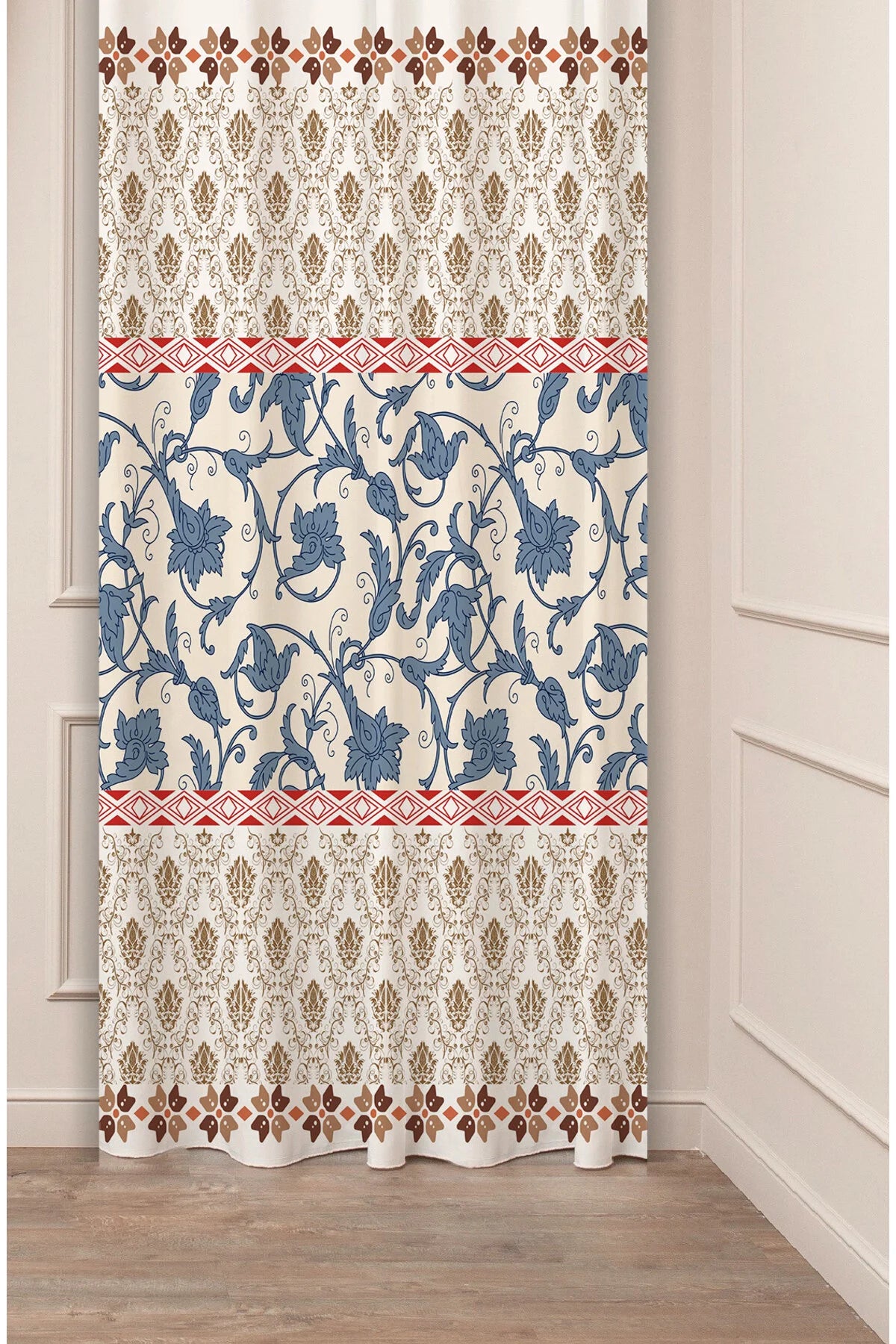 Ottoman Damask & Blue Floral Pattern Drapery Curtain - Traditional Turkish Chintamani Motif Panel Textured Fabric Lacivert Navy Blue Boho Window Treatment