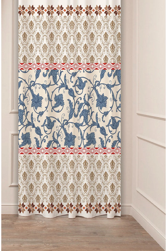 Ottoman Damask & Blue Floral Pattern Drapery Curtain - Traditional Turkish Chintamani Motif Panel Textured Fabric Lacivert Navy Blue Boho Window Treatment