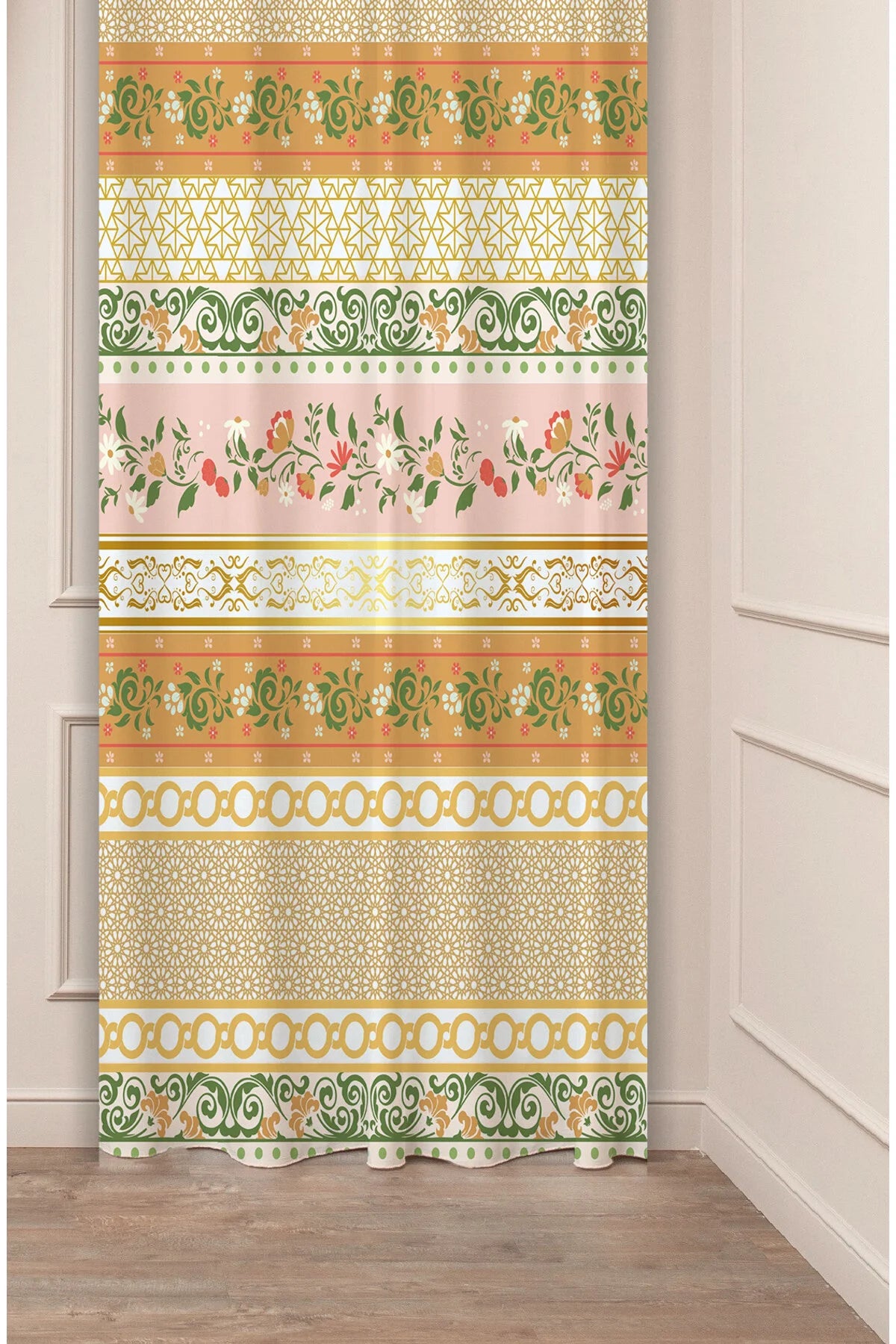 Traditional Ottoman Palace Scribe Drapery Curtain - Elegant Yellow Arabesque Damask Motif Panel Textured Fabric Soft Pink Floral Center Boho Window Treatment