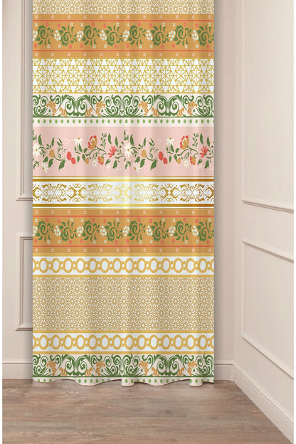 Traditional Ottoman Palace Scribe Drapery Curtain - Elegant Yellow Arabesque Damask Motif Panel Textured Fabric Soft Pink Floral Center Boho Window Treatment