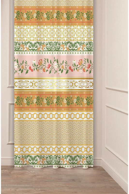 Traditional Ottoman Palace Scribe Drapery Curtain - Elegant Yellow Arabesque Damask Motif Panel Textured Fabric Soft Pink Floral Center Boho Window Treatment