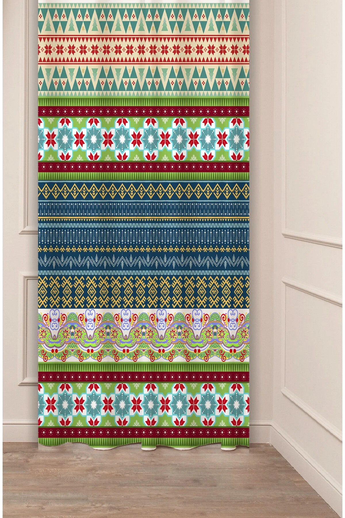 Colorful Anatolian Folk Geometric Pattern Drapery Curtain - Traditional Kilim Patchwork Motif Panel Textured Fabric Green Blue Boho Living Room Window Treatment