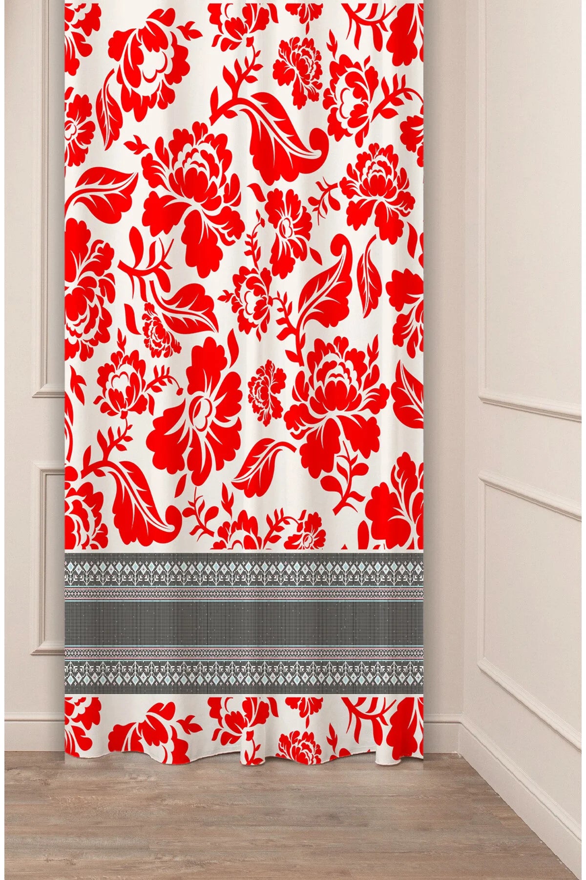 Vibrant Red Damask Floral Drapery Curtain - Traditional Toile de Jouy Inspired Panel Textured Fabric Black Geometric Border Boho Living Room Window Treatment