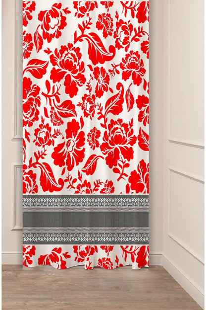 Vibrant Red Damask Floral Drapery Curtain - Traditional Toile de Jouy Inspired Panel Textured Fabric Black Geometric Border Boho Living Room Window Treatment